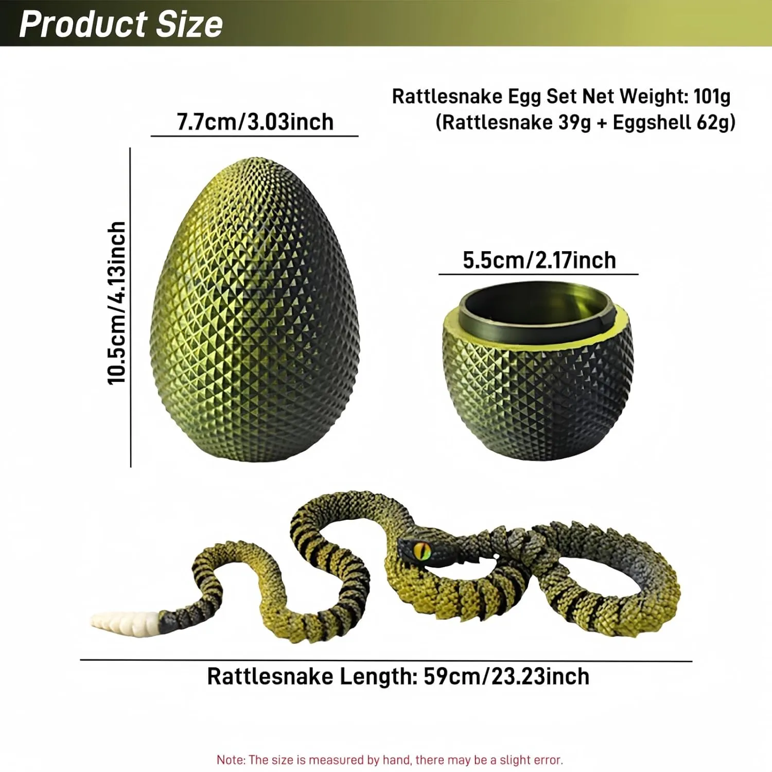 23" 3D Printed Snake with Egg - Flexible Snake with Luminous Tail, 3D Fake Snake Fidget Toys for Autism/ADHD, 3D Printed Animals Snake Toy for Kids & Adults (BlackGolden)