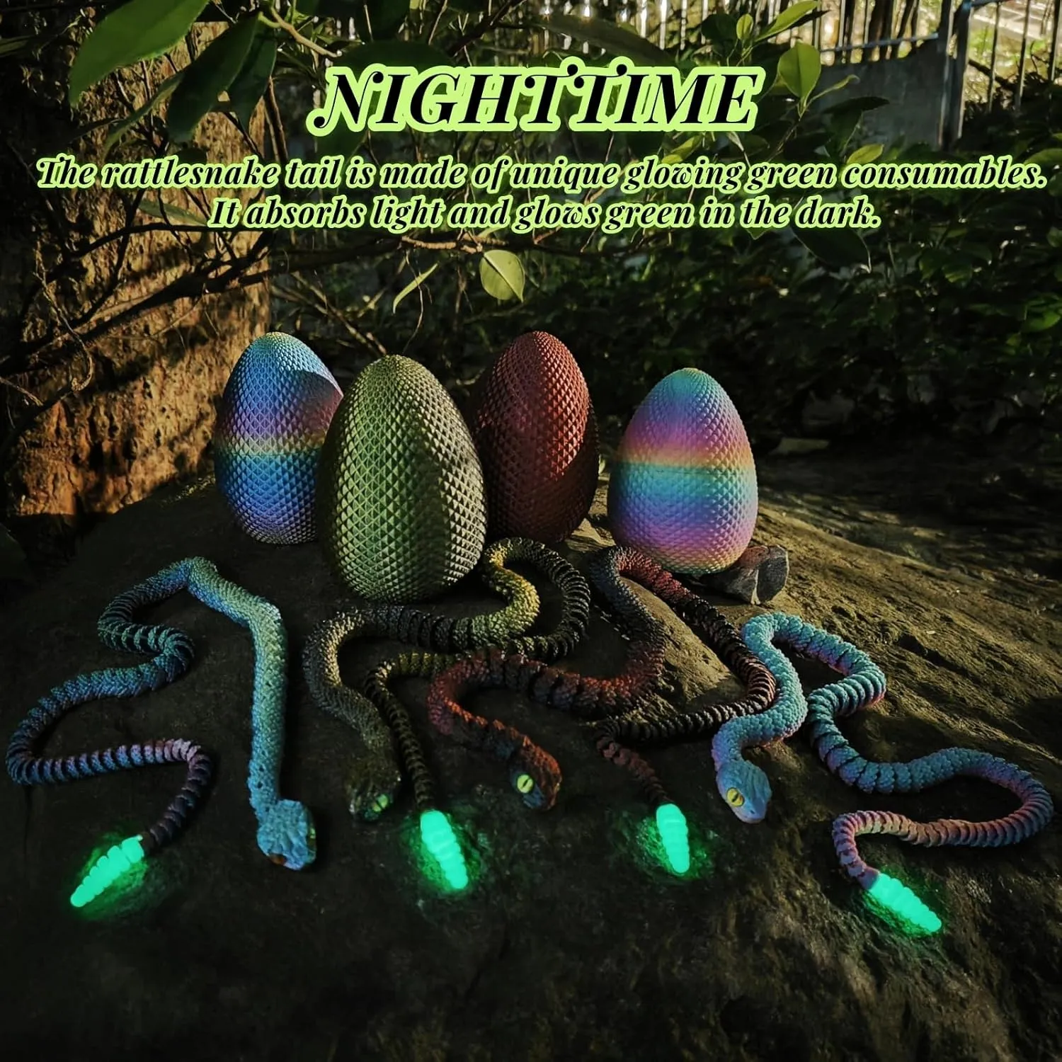 23" 3D Printed Snake with Egg - Flexible Snake with Luminous Tail, 3D Fake Snake Fidget Toys for Autism/ADHD, 3D Printed Animals Snake Toy for Kids & Adults (BlackGolden)