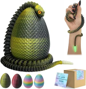 23" 3D Printed Snake with Egg - Flexible Snake with Luminous Tail, 3D Fake Snake Fidget Toys for Autism/ADHD, 3D Printed Animals Snake Toy for Kids & Adults (BlackGolden)