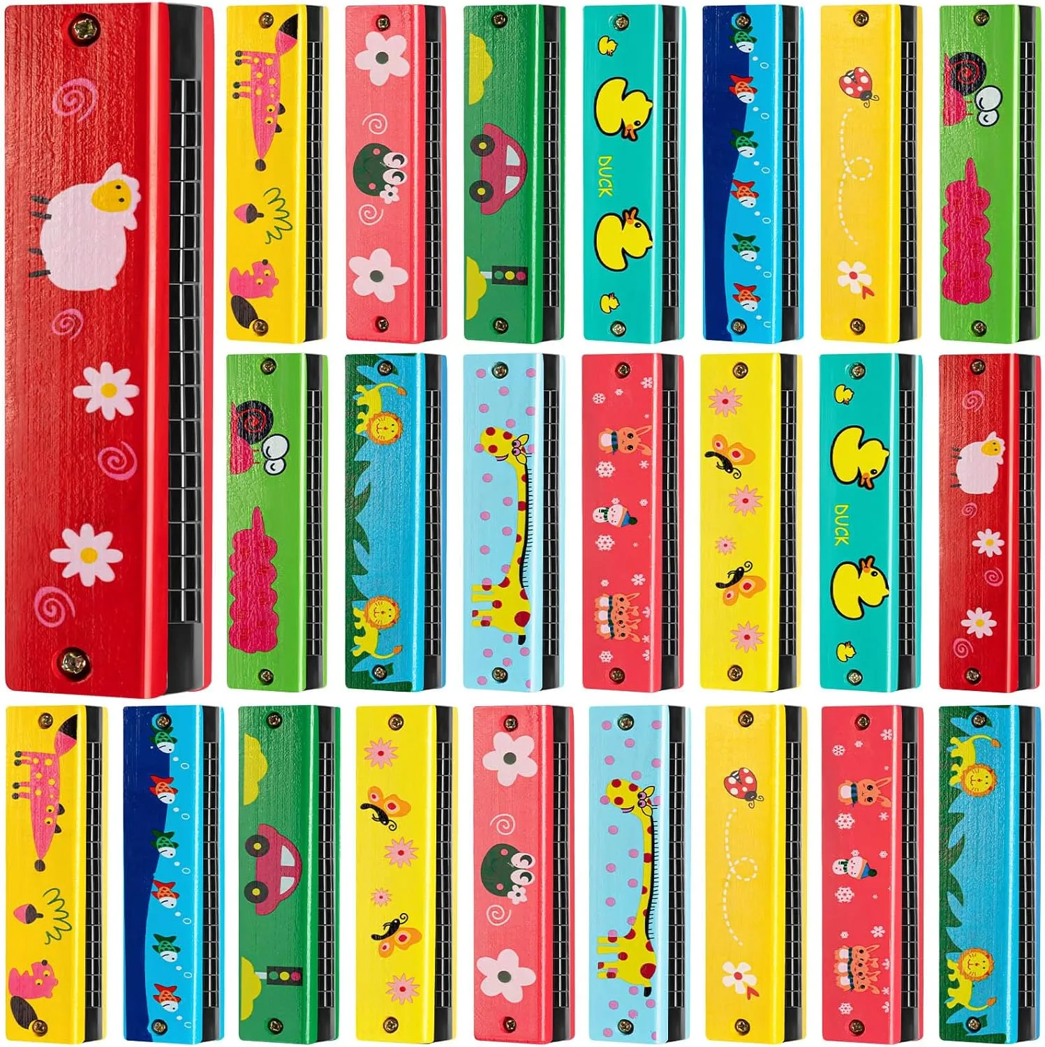 24 Pcs Wooden Painted Toy Musical Instrument Play16-Hole Harmonica Parent Child Puzzle Baby Early Education Toys for Children Present (Random Color)