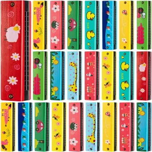 24 Pcs Wooden Painted Toy Musical Instrument Play16-Hole Harmonica Parent Child Puzzle Baby Early Education Toys for Children Present (Random Color)