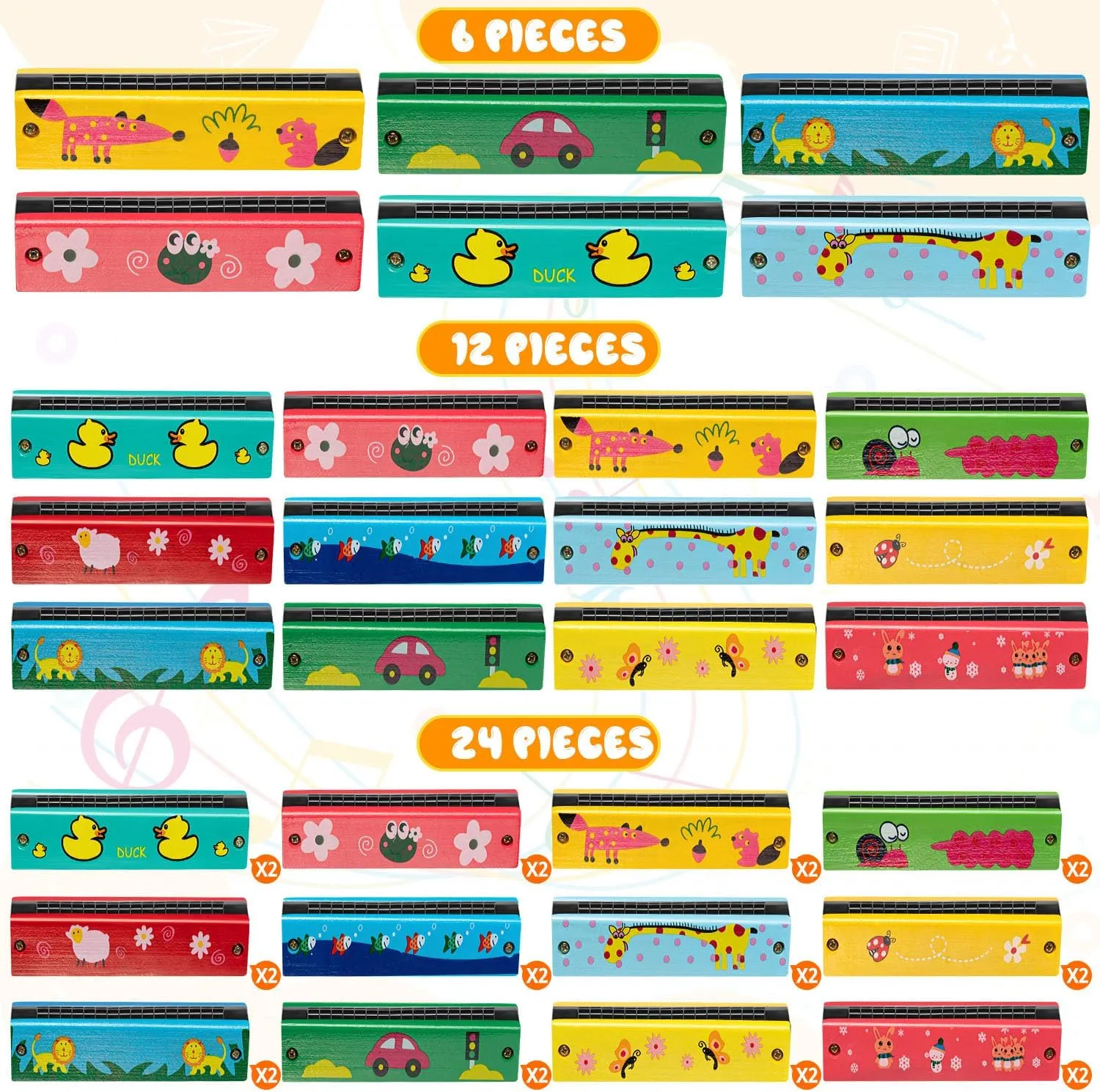 24 Pcs Wooden Painted Toy Musical Instrument Play16-Hole Harmonica Parent Child Puzzle Baby Early Education Toys for Children Present (Random Color)
