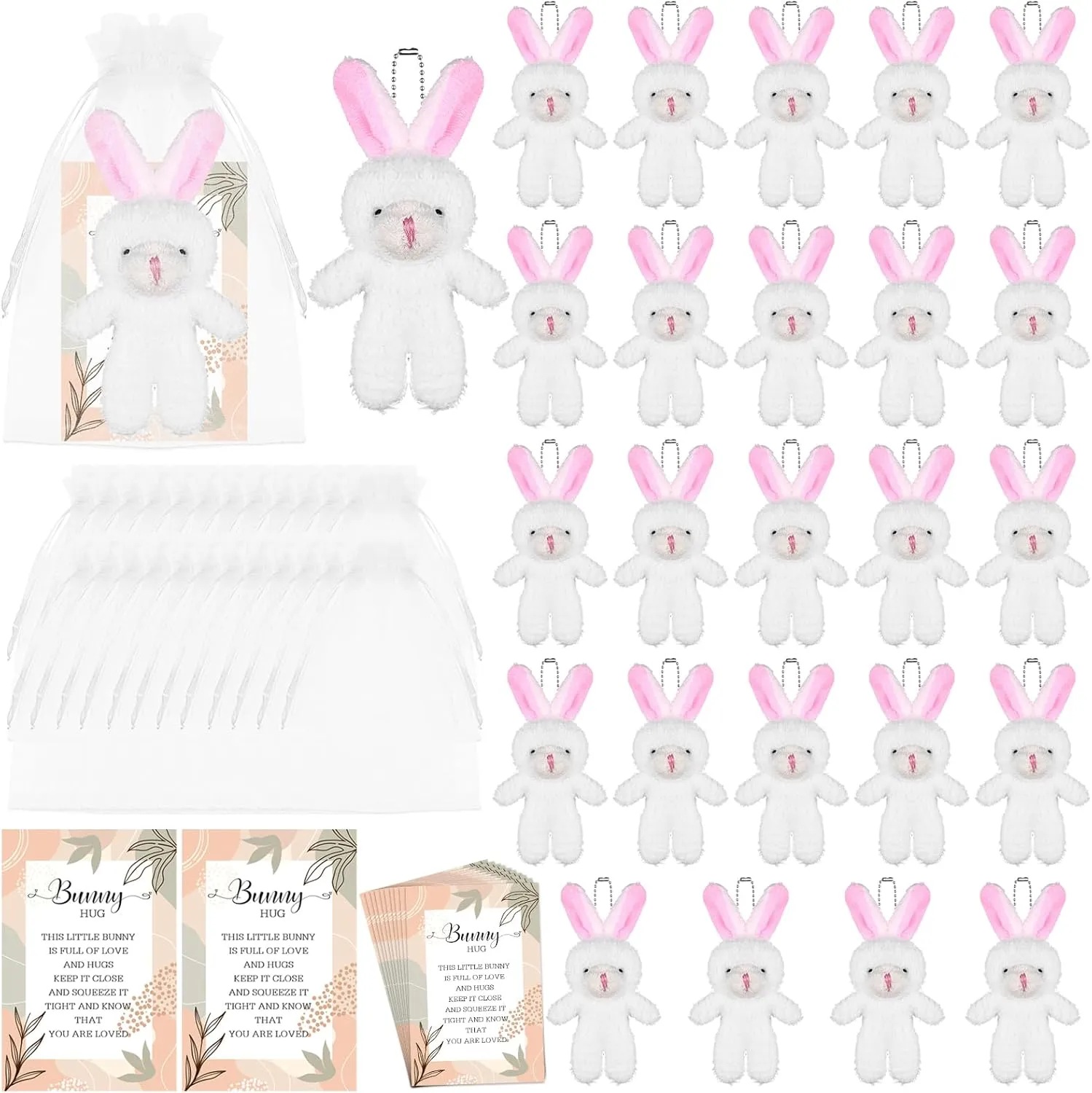 24 Sets Bunny Stuffed Animal Gift Easter Graduation Mini Plush Rabbit Doll with Bunny Hug Card Organza Bags Small White Bunny Stuffed Bunnies Bulk for Graduation Exchange Prize Birthday Easter