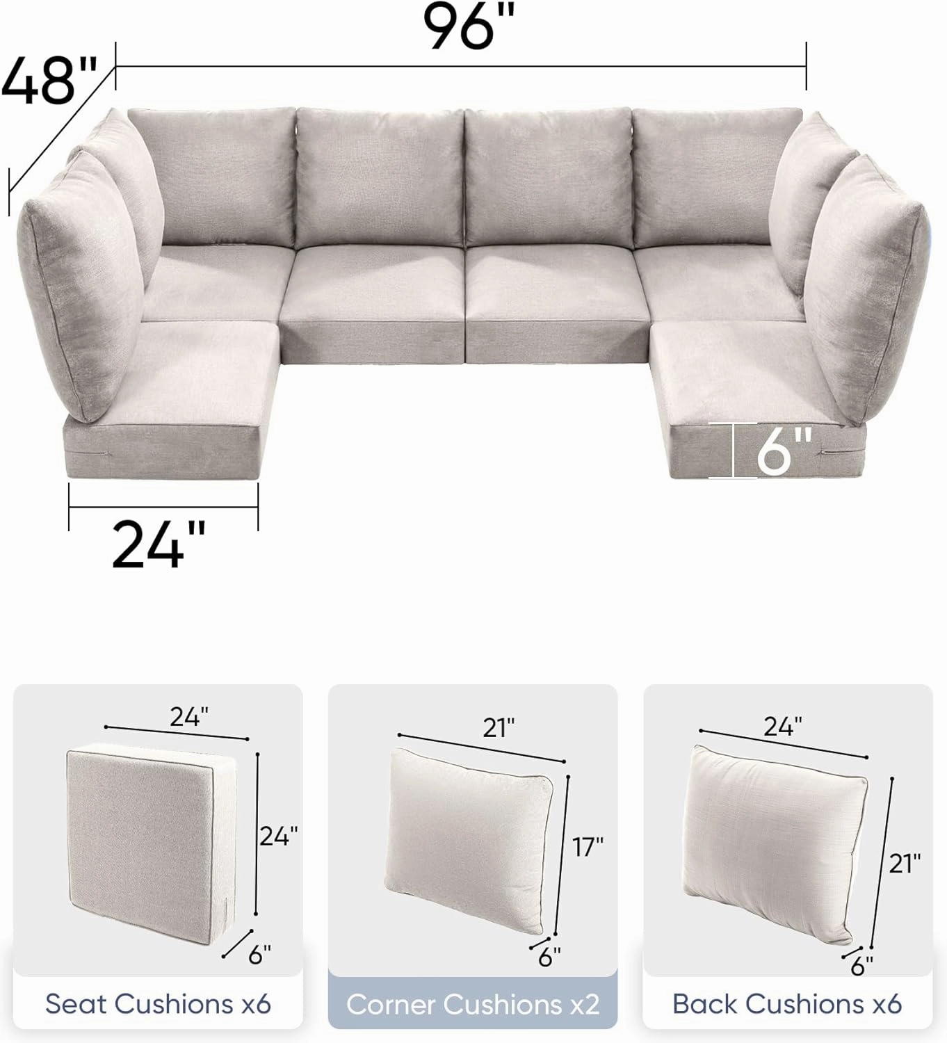 24x24x6 Outdoor Seat Cushions for 6-Seat Sectional Sofa Set of 6 - Water-Repellent 14-Piece Patio Cushion Set for Outside Rattan Wicker Loveseat Chair L-Shape Couch - Beige
