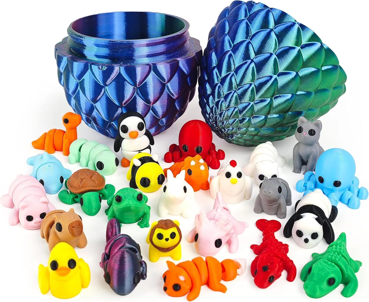 25 pcs Mini 3D Printed Animal Figurines Set with 4.9 inches Dragon Egg, Articulated, Flexible, and Exquisitely Pre-Filled Easter Jumbo for Play
