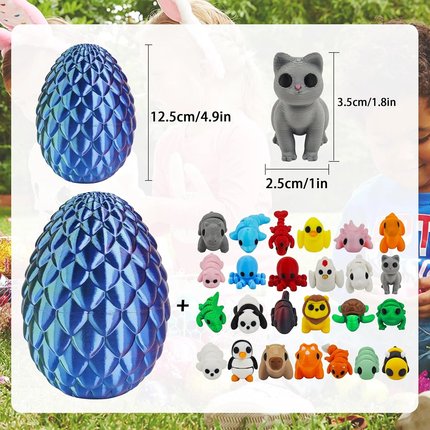 25 pcs Mini 3D Printed Animal Figurines Set with 4.9 inches Dragon Egg, Articulated, Flexible, and Exquisitely Pre-Filled Easter Jumbo for Play