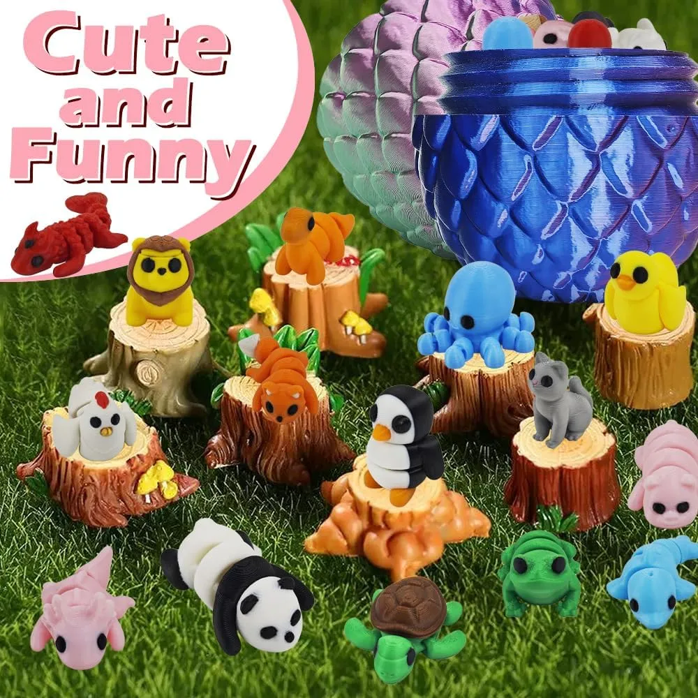 25 pcs Mini 3D Printed Animal Figurines Set with 4.9 inches Dragon Egg, Articulated, Flexible, and Exquisitely Pre-Filled Easter Jumbo for Play