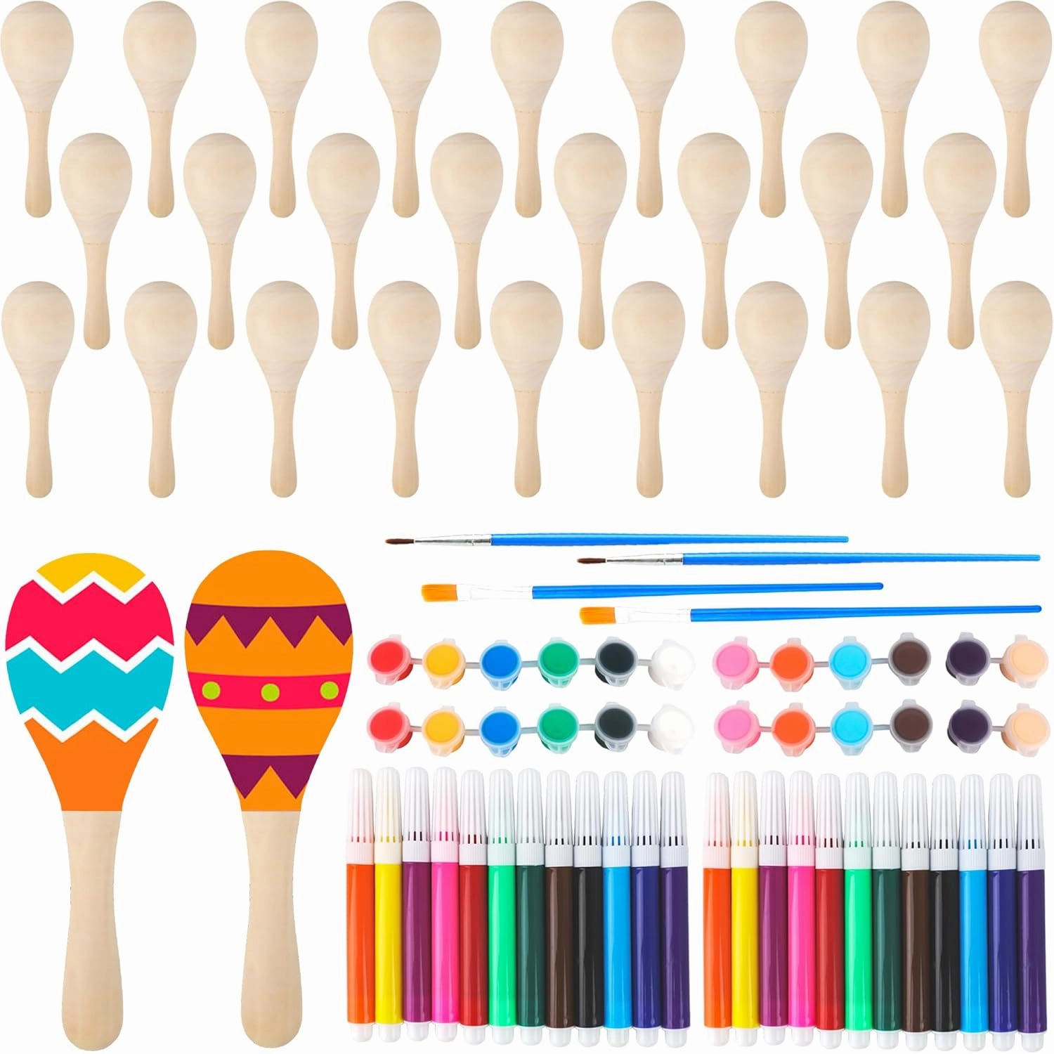 28 Pack DIY Wooden Maracas Painted Maracas Unfinished Mini Wood Maracas Painted Wood Maracas with 32 Pcs Painting Tools for Mexican Fiesta Cinco De Mayo Party Supplies
