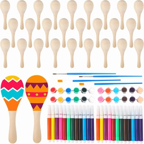 28 Pack DIY Wooden Maracas Painted Maracas Unfinished Mini Wood Maracas Painted Wood Maracas with 32 Pcs Painting Tools for Mexican Fiesta Cinco De Mayo Party Supplies