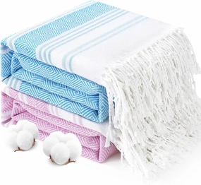 2 Packs Oversized Cotton Turkish Beach Towels Set Bulk 74"x38" Extra Large Sand Free Quick Dry Clearance Swim Bath Camping Pool Towel Travel Blanket Adult Cruise Essentials Accessories Lilac Blue