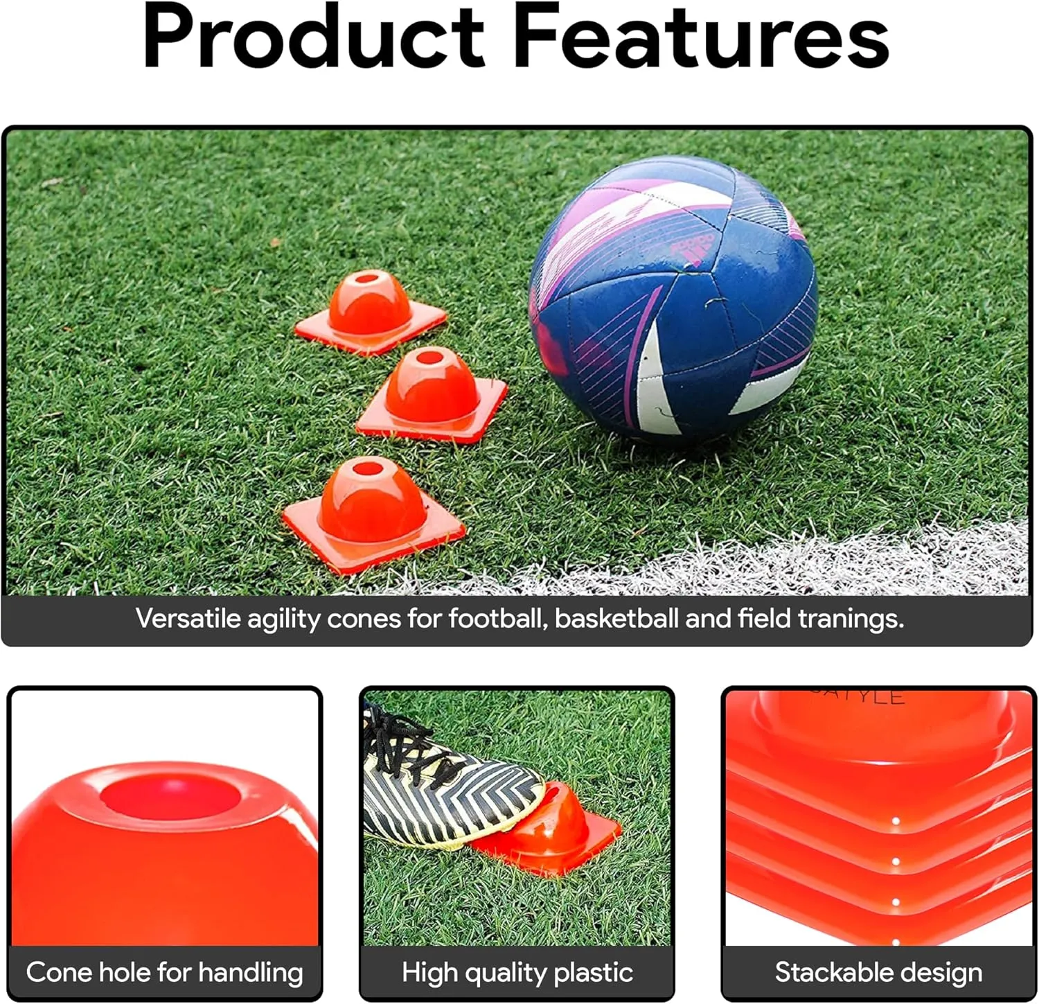 2in/6in/9in/12in/28in Heavy Duty Agility Training Cones for Sports & Kids Coaching, Field Markers for Motorcycle, Bikes, Traffic, Basketball, Soccer Drills, Durable, Multipurpose, Adjustable