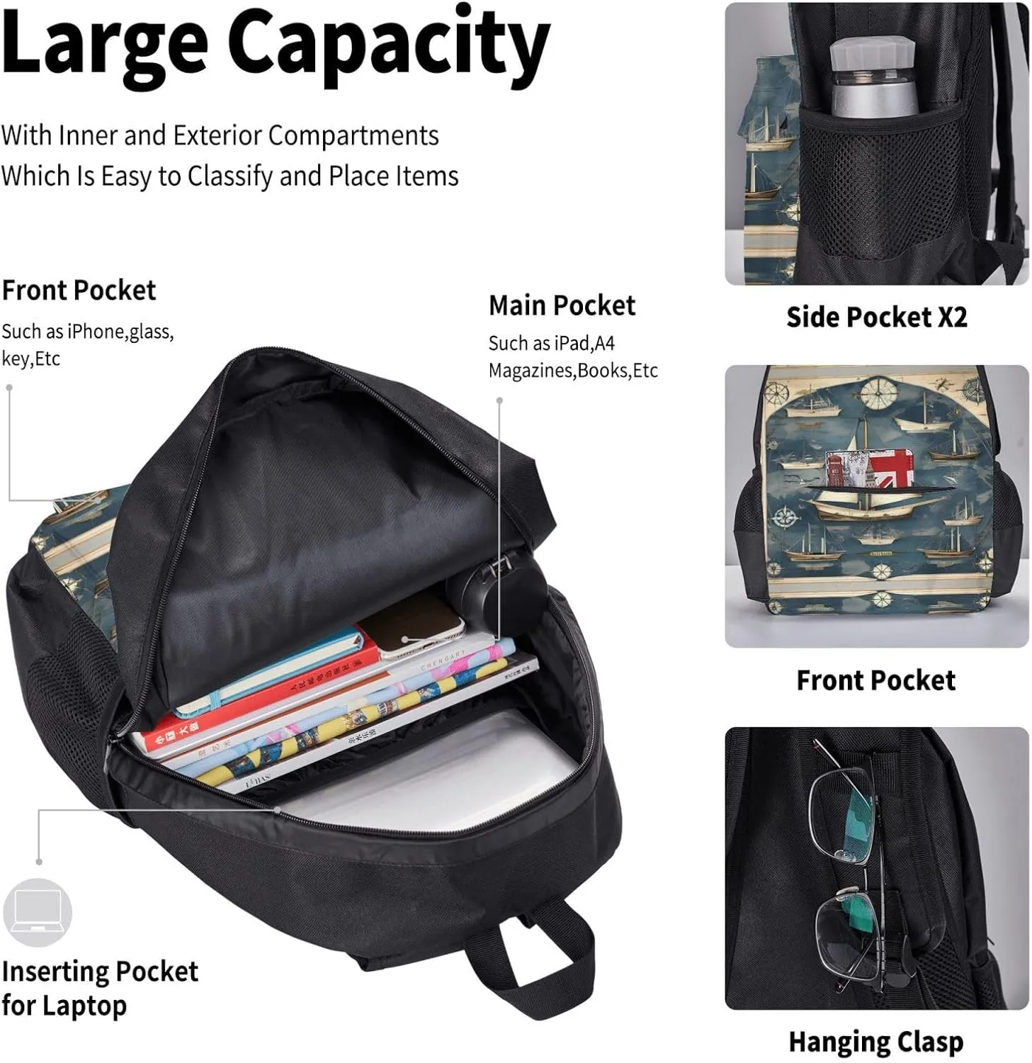 3-In-1 Backpack Bookbag Set,Nautical Sailboat Map Print Casual Travel Backpacks,With Pencil Case Pouch, Lunch Bag