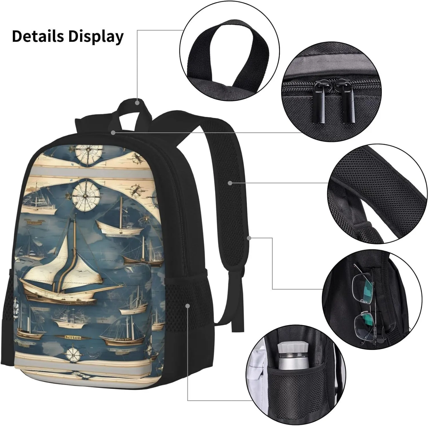 3-In-1 Backpack Bookbag Set,Nautical Sailboat Map Print Casual Travel Backpacks,With Pencil Case Pouch, Lunch Bag