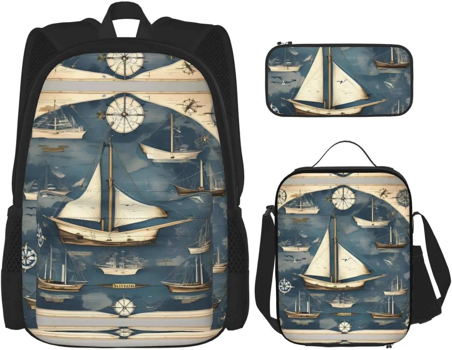 3-In-1 Backpack Bookbag Set,Nautical Sailboat Map Print Casual Travel Backpacks,With Pencil Case Pouch, Lunch Bag