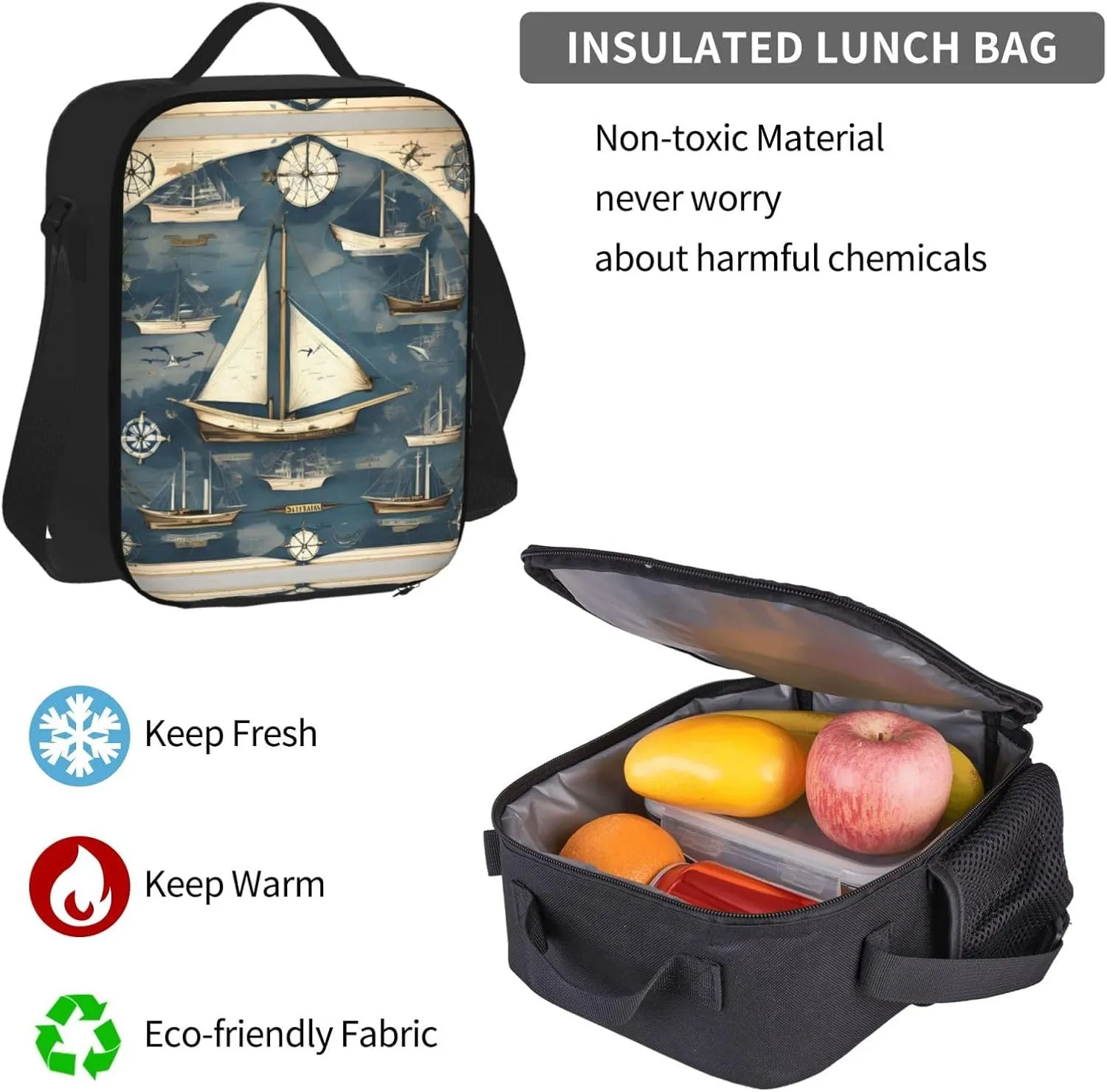 3-In-1 Backpack Bookbag Set,Nautical Sailboat Map Print Casual Travel Backpacks,With Pencil Case Pouch, Lunch Bag