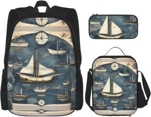 3-In-1 Backpack Bookbag Set,Nautical Sailboat Map Print Casual Travel Backpacks,With Pencil Case Pouch, Lunch Bag