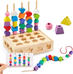 3 in 1 Montessori Wooden Toys, Lacing Beads & Stacking Blocks & Shape Sorter Sequencing Toy Set, STEM Preschool Educational Learning Fine Motor Skills Toys for Toddlers 3 4 5 Years Gifts
