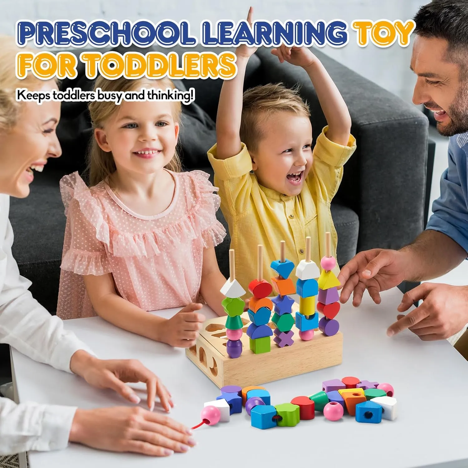 3 in 1 Montessori Wooden Toys, Lacing Beads & Stacking Blocks & Shape Sorter Sequencing Toy Set, STEM Preschool Educational Learning Fine Motor Skills Toys for Toddlers 3 4 5 Years Gifts