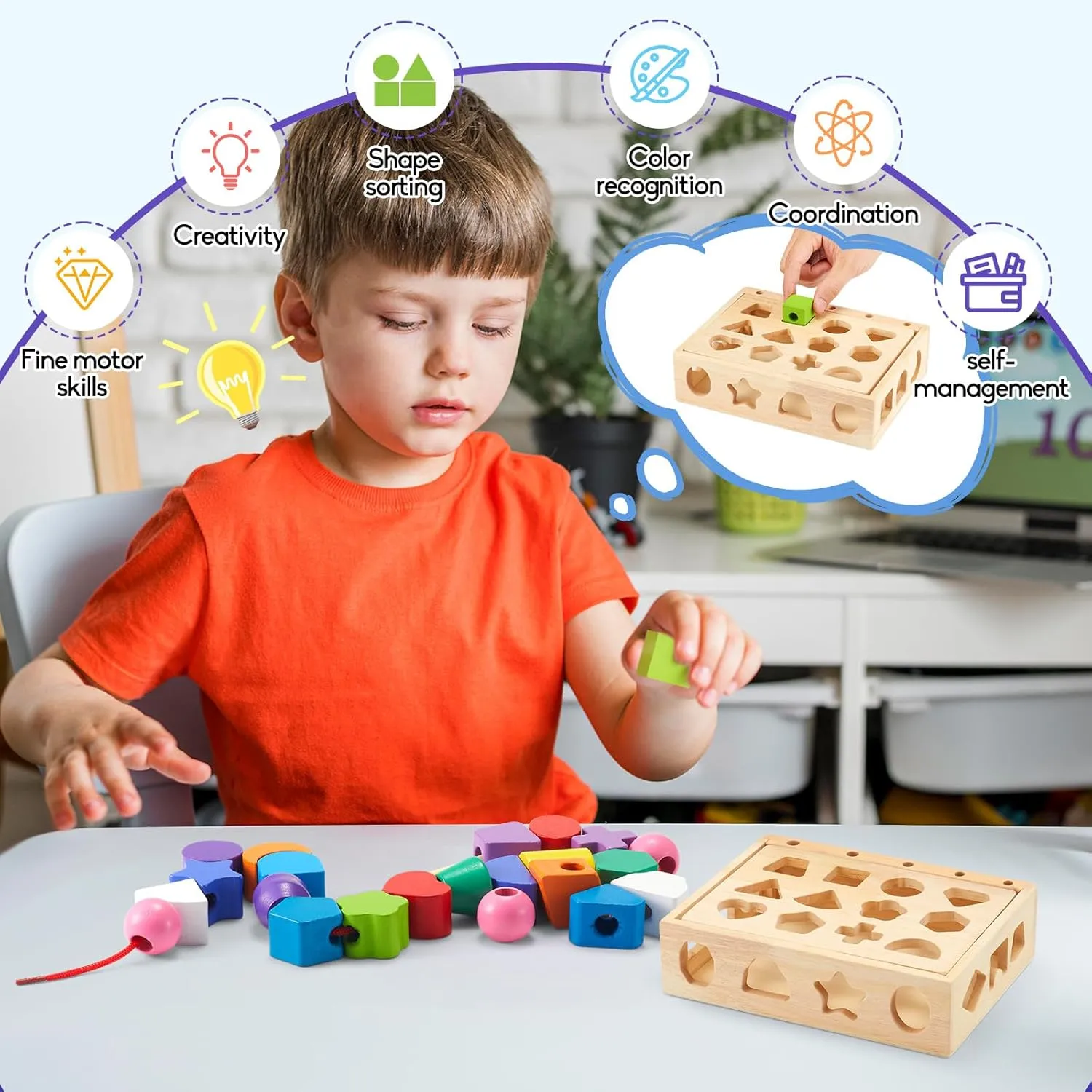 3 in 1 Montessori Wooden Toys, Lacing Beads & Stacking Blocks & Shape Sorter Sequencing Toy Set, STEM Preschool Educational Learning Fine Motor Skills Toys for Toddlers 3 4 5 Years Gifts