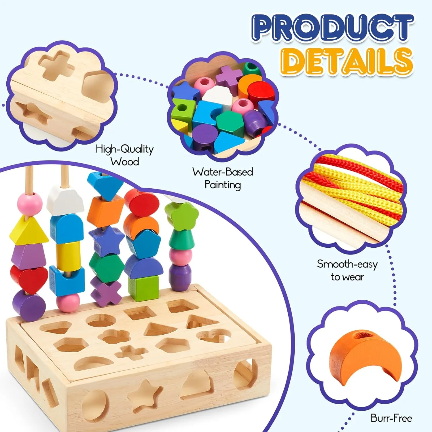 3 in 1 Montessori Wooden Toys, Lacing Beads & Stacking Blocks & Shape Sorter Sequencing Toy Set, STEM Preschool Educational Learning Fine Motor Skills Toys for Toddlers 3 4 5 Years Gifts