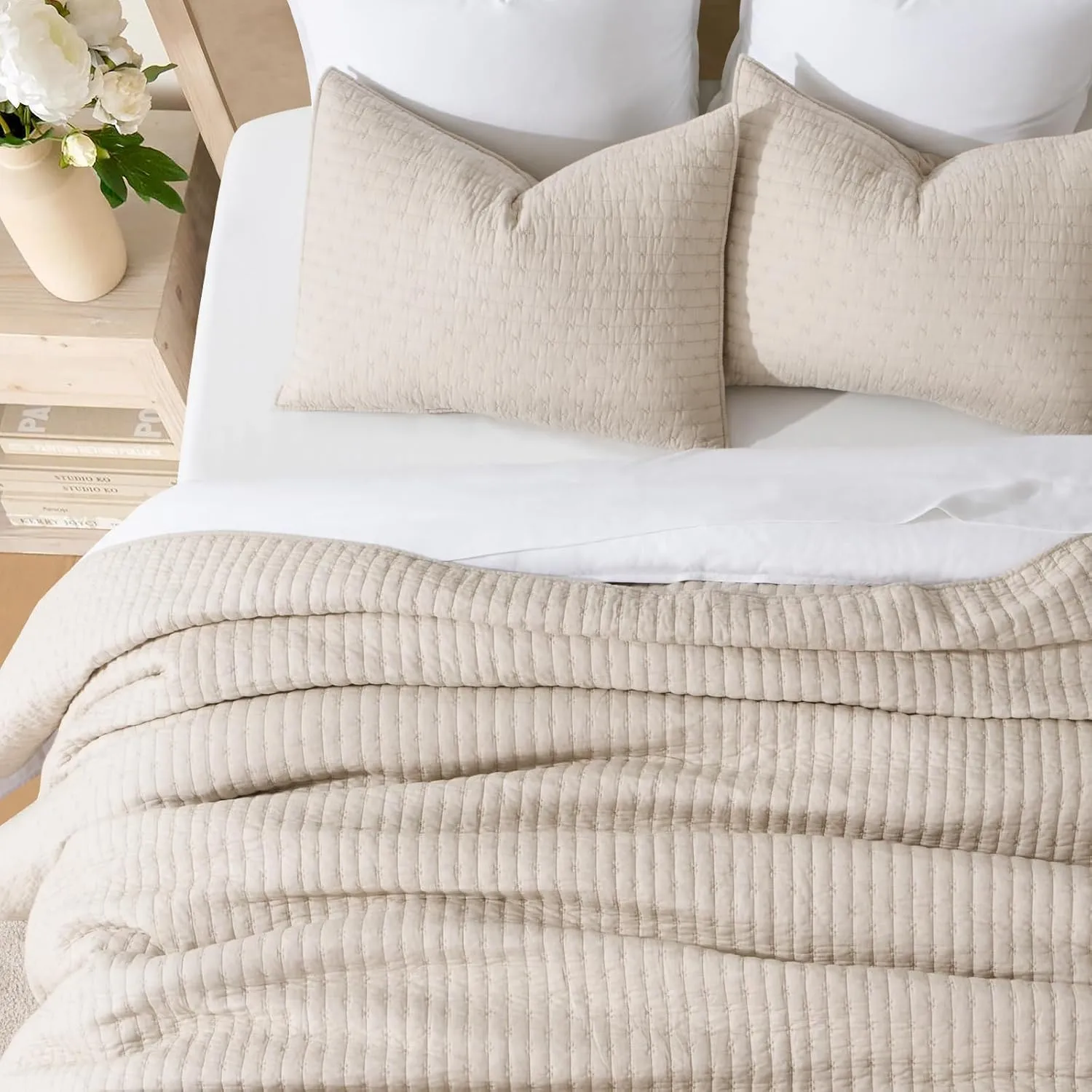 3 Pieces Cross Stitch Cotton Quilt Set King Size, Ultra Soft Lightweight Bedding Sets, Oversized Bedspread Coverlet for All Season, with 2 Matching Shams, Flax Beige, 92"x96"