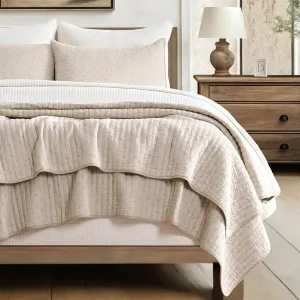 3 Pieces Cross Stitch Cotton Quilt Set King Size, Ultra Soft Lightweight Bedding Sets, Oversized Bedspread Coverlet for All Season, with 2 Matching Shams, Flax Beige, 92"x96"