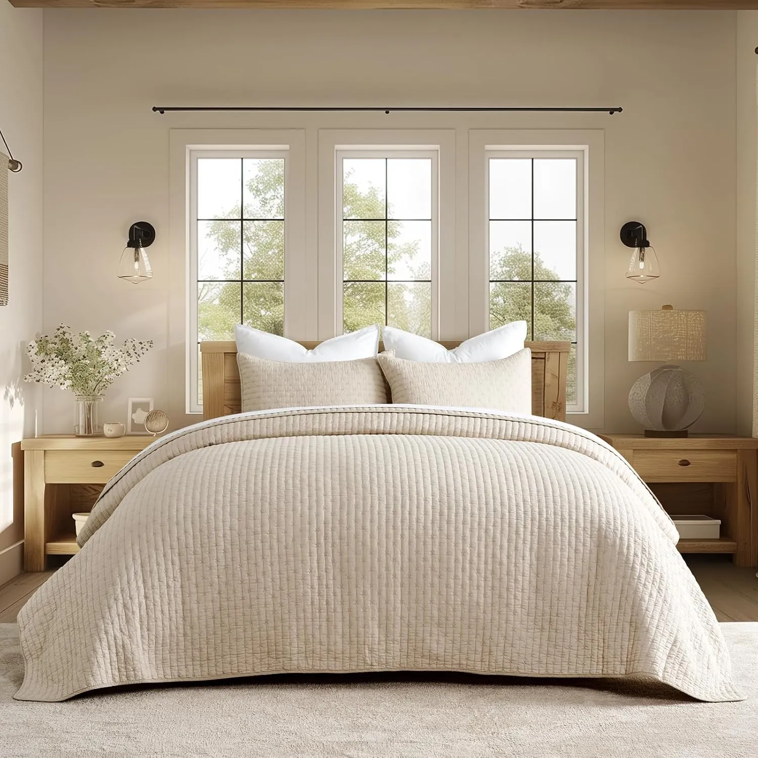 3 Pieces Cross Stitch Cotton Quilt Set King Size, Ultra Soft Lightweight Bedding Sets, Oversized Bedspread Coverlet for All Season, with 2 Matching Shams, Flax Beige, 92"x96"