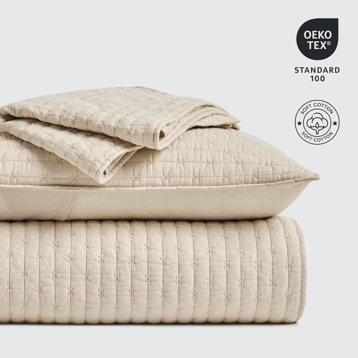 3 Pieces Cross Stitch Cotton Quilt Set King Size, Ultra Soft Lightweight Bedding Sets, Oversized Bedspread Coverlet for All Season, with 2 Matching Shams, Flax Beige, 92"x96"