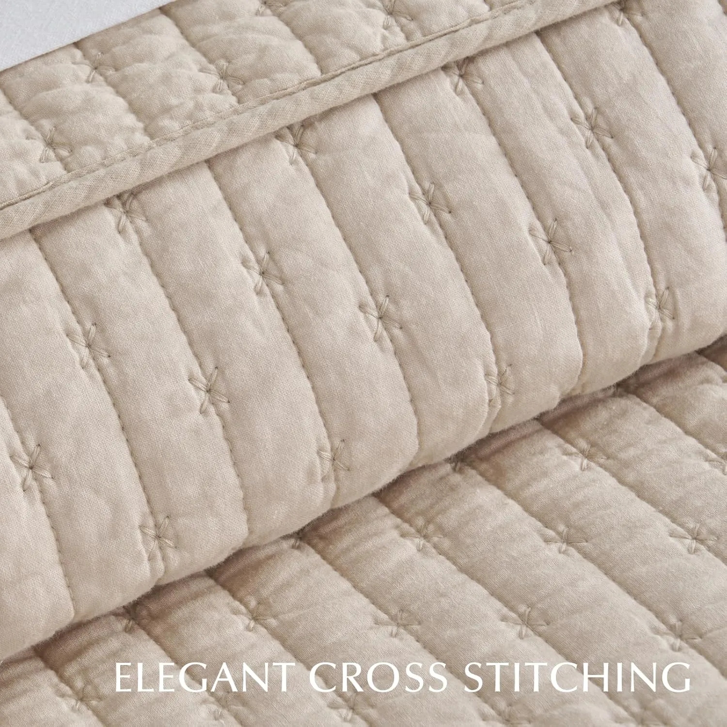 3 Pieces Cross Stitch Cotton Quilt Set King Size, Ultra Soft Lightweight Bedding Sets, Oversized Bedspread Coverlet for All Season, with 2 Matching Shams, Flax Beige, 92"x96"