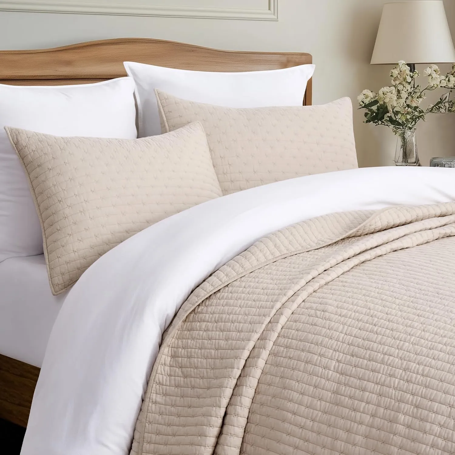 3 Pieces Cross Stitch Cotton Quilt Set King Size, Ultra Soft Lightweight Bedding Sets, Oversized Bedspread Coverlet for All Season, with 2 Matching Shams, Flax Beige, 92"x96"