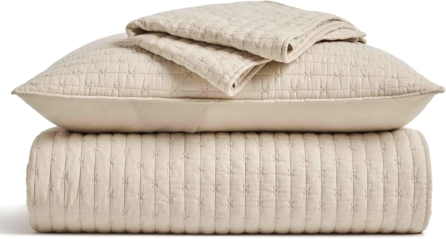 3 Pieces Cross Stitch Cotton Quilt Set King Size, Ultra Soft Lightweight Bedding Sets, Oversized Bedspread Coverlet for All Season, with 2 Matching Shams, Flax Beige, 92"x96"