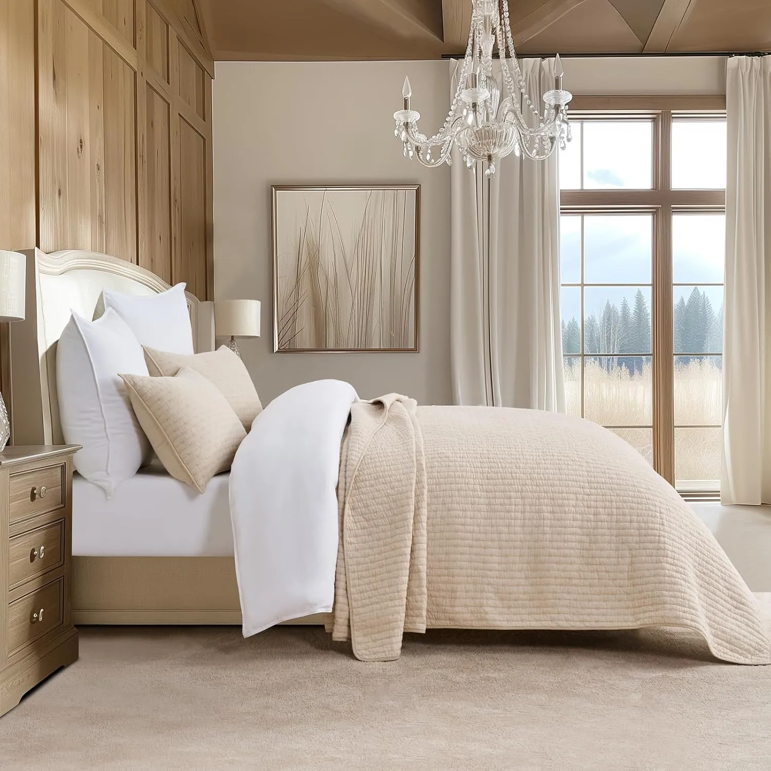 3 Pieces Cross Stitch Cotton Quilt Set King Size, Ultra Soft Lightweight Bedding Sets, Oversized Bedspread Coverlet for All Season, with 2 Matching Shams, Flax Beige, 92"x96"
