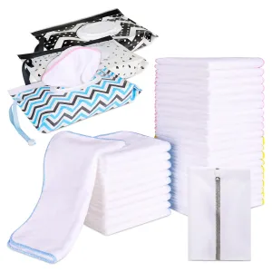 30 Pack Cloth Baby Wipes with 3 Pack Dispenser-Reusable Baby Diapers Wipes-Washable Natural Cloth Wipes Set-100% Cotton-8 x 8 inches