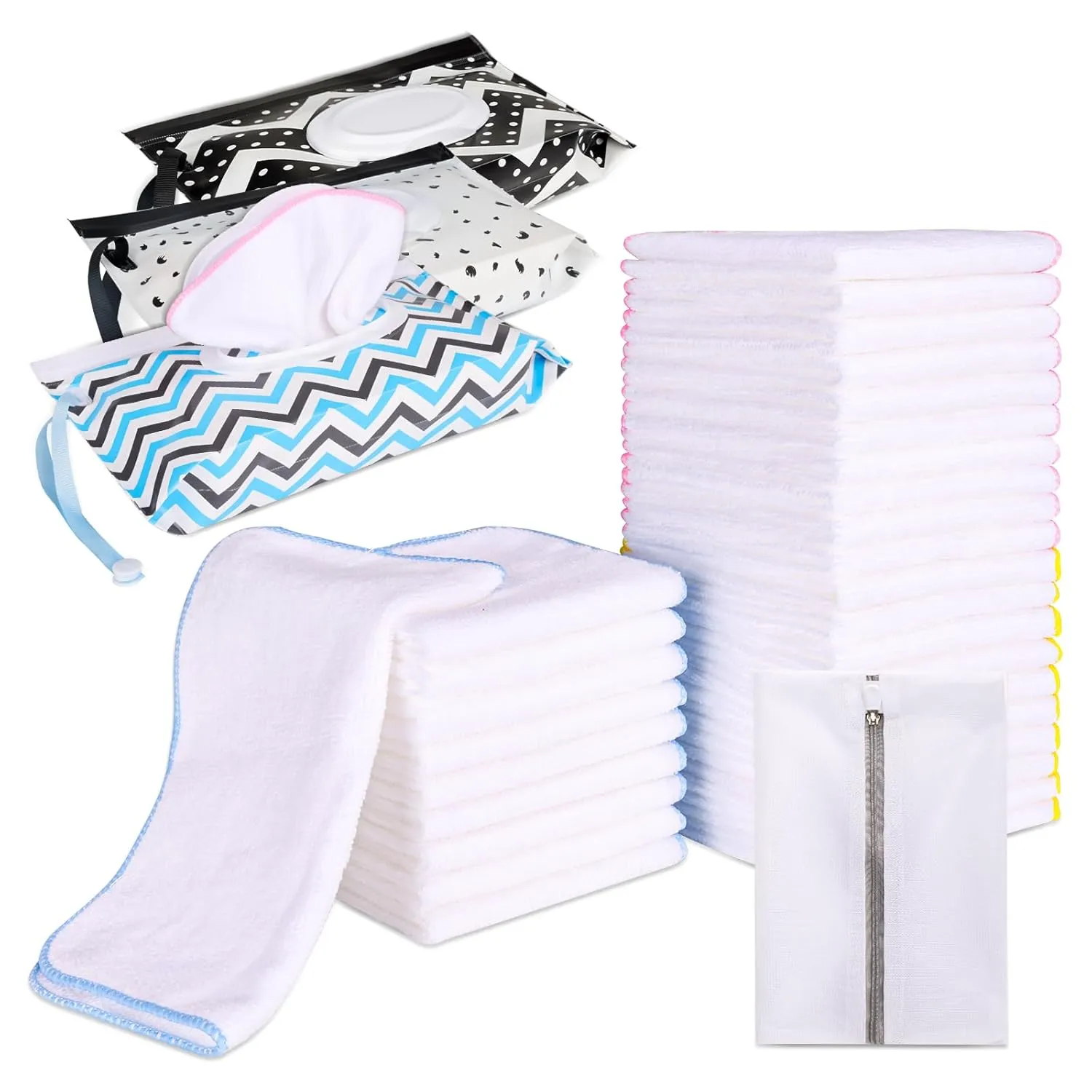 30 Pack Cloth Baby Wipes with 3 Pack Dispenser-Reusable Baby Diapers Wipes-Washable Natural Cloth Wipes Set-100% Cotton-8 x 8 inches