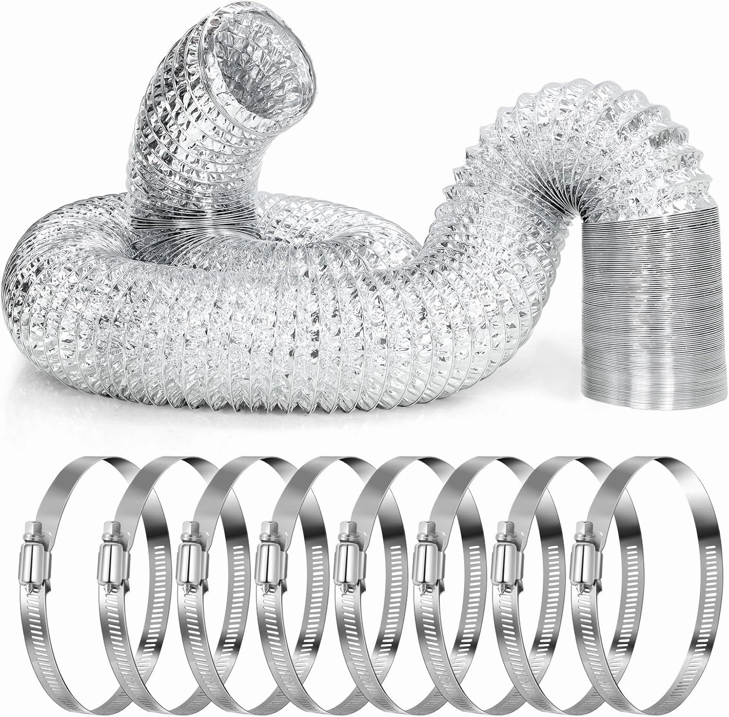 30 ft Aluminum Ducting Hose Set - Flexible Dryer Vent Hose with Stainless Steel Duct Clamps for Kitchen, Bathroom, Grow Tent, HVAC, Ventilation & Exhaust System Accessories(8 Inches)