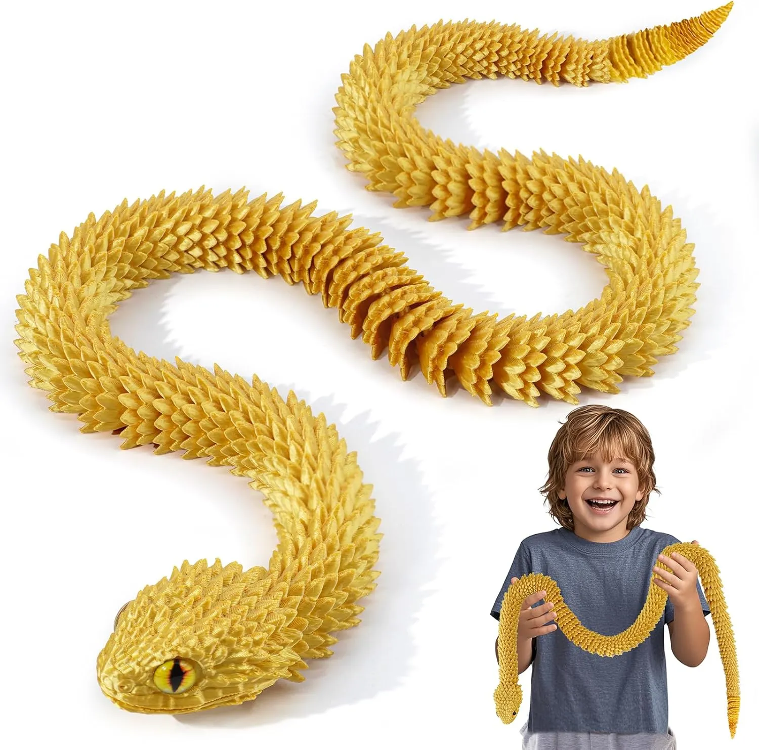 3D Printed Articulated Snake – 29.5'' Crystal-Like Movable Snake– Realistic Slithering Design, Collectible Articulated Model (Golden)