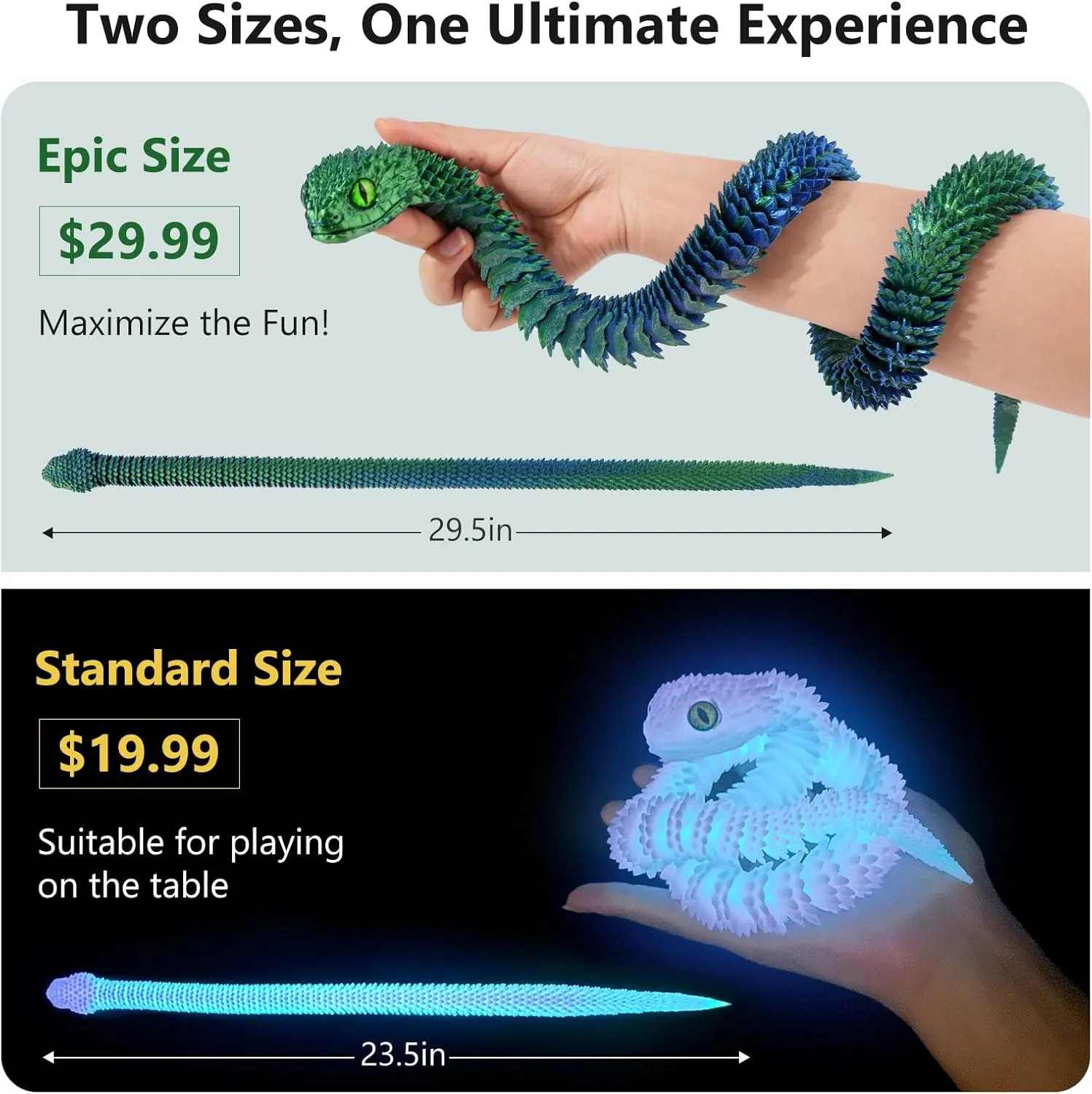 3D Printed Articulated Snake – 29.5'' Crystal-Like Movable Snake– Realistic Slithering Design, Collectible Articulated Model (Golden)