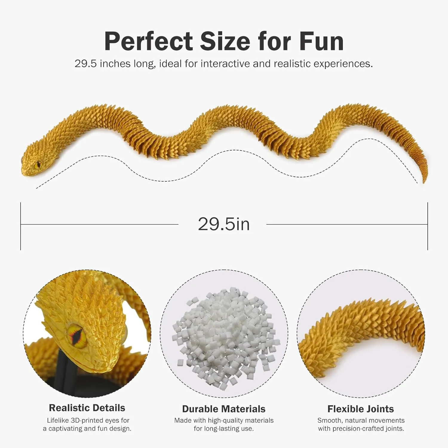 3D Printed Articulated Snake – 29.5'' Crystal-Like Movable Snake– Realistic Slithering Design, Collectible Articulated Model (Golden)