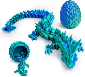 3D Printed Dragon Egg with 12" Dragon Inside - Flexible Crystal Dinosaur, Easter Egg, Easter Basket Stuffers,Desk Fidget Toy, Figure Decor(Green Mix Blue)