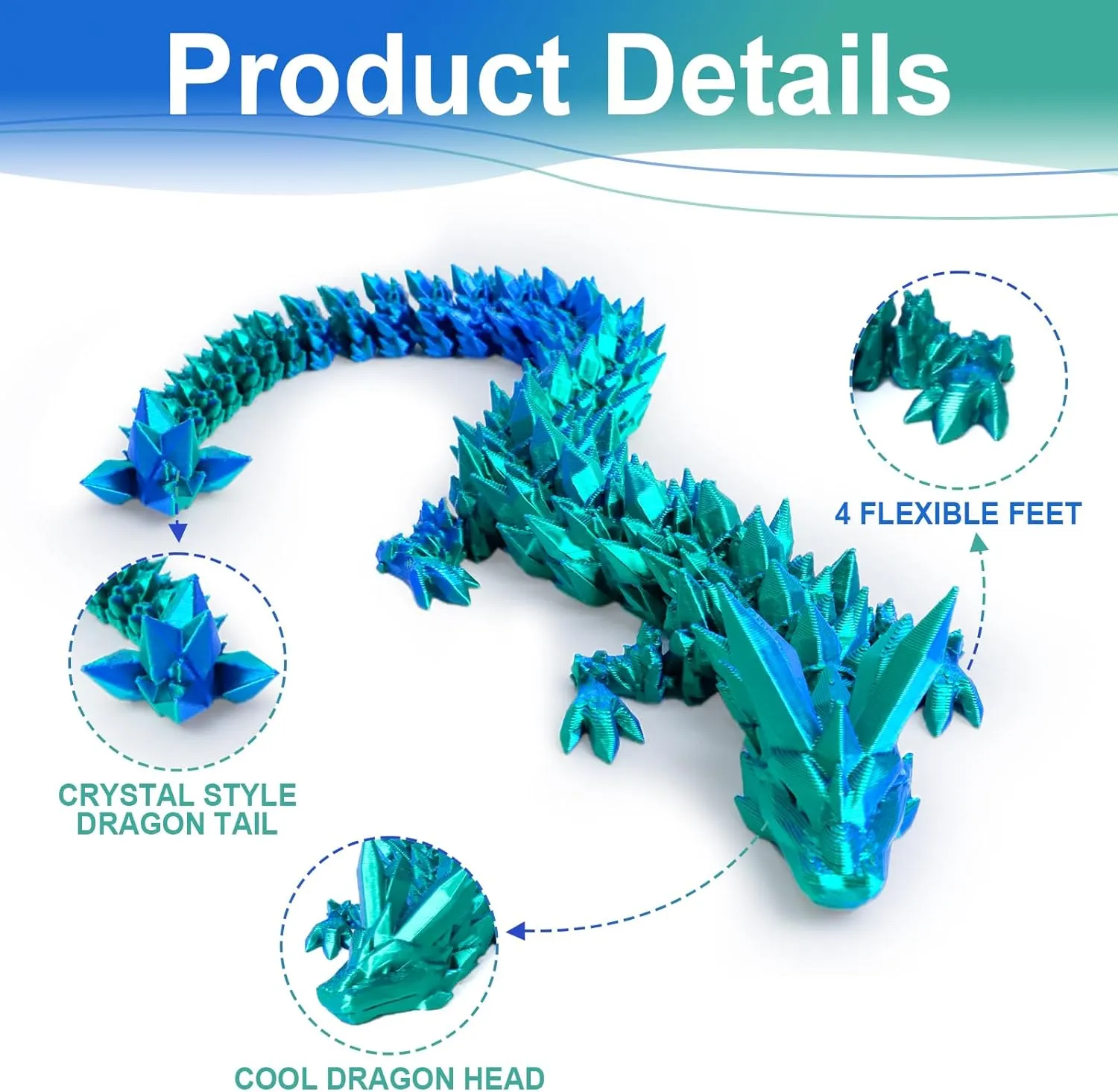 3D Printed Dragon Egg with 12" Dragon Inside - Flexible Crystal Dinosaur, Easter Egg, Easter Basket Stuffers,Desk Fidget Toy, Figure Decor(Green Mix Blue)