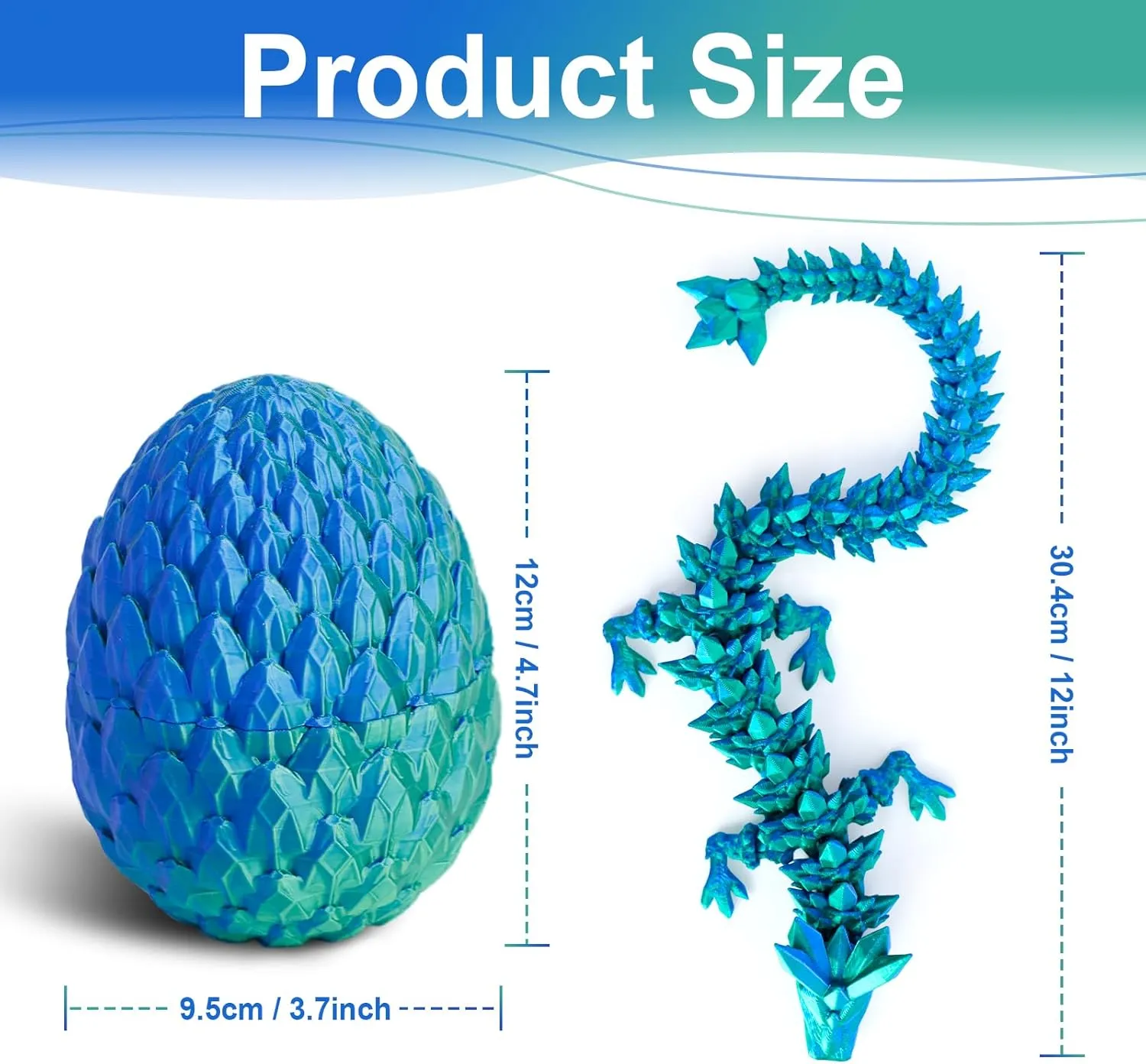 3D Printed Dragon Egg with 12" Dragon Inside - Flexible Crystal Dinosaur, Easter Egg, Easter Basket Stuffers,Desk Fidget Toy, Figure Decor(Green Mix Blue)