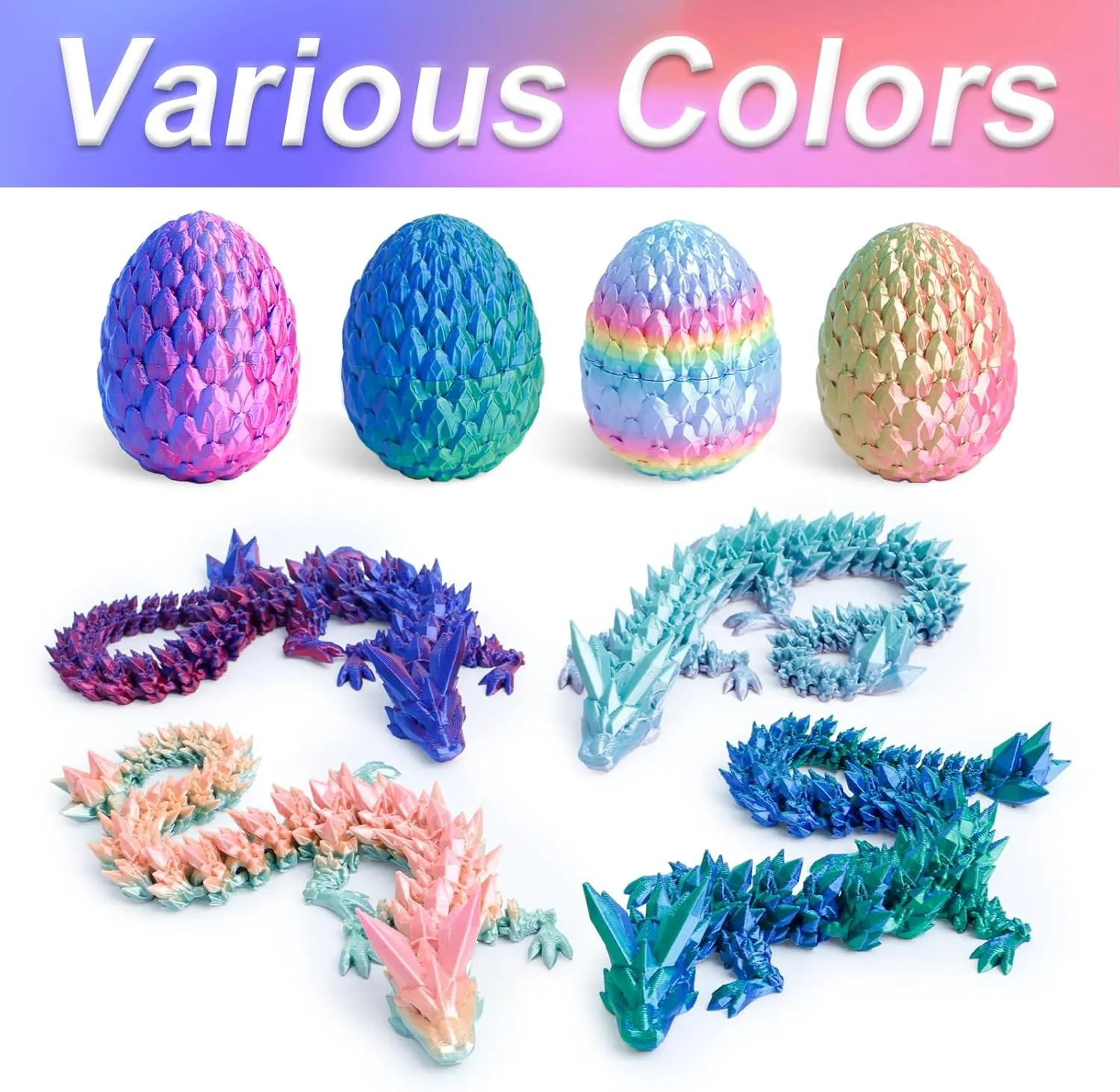 3D Printed Dragon Egg with 12" Dragon Inside - Flexible Crystal Dinosaur, Easter Egg, Easter Basket Stuffers,Desk Fidget Toy, Figure Decor(Green Mix Blue)