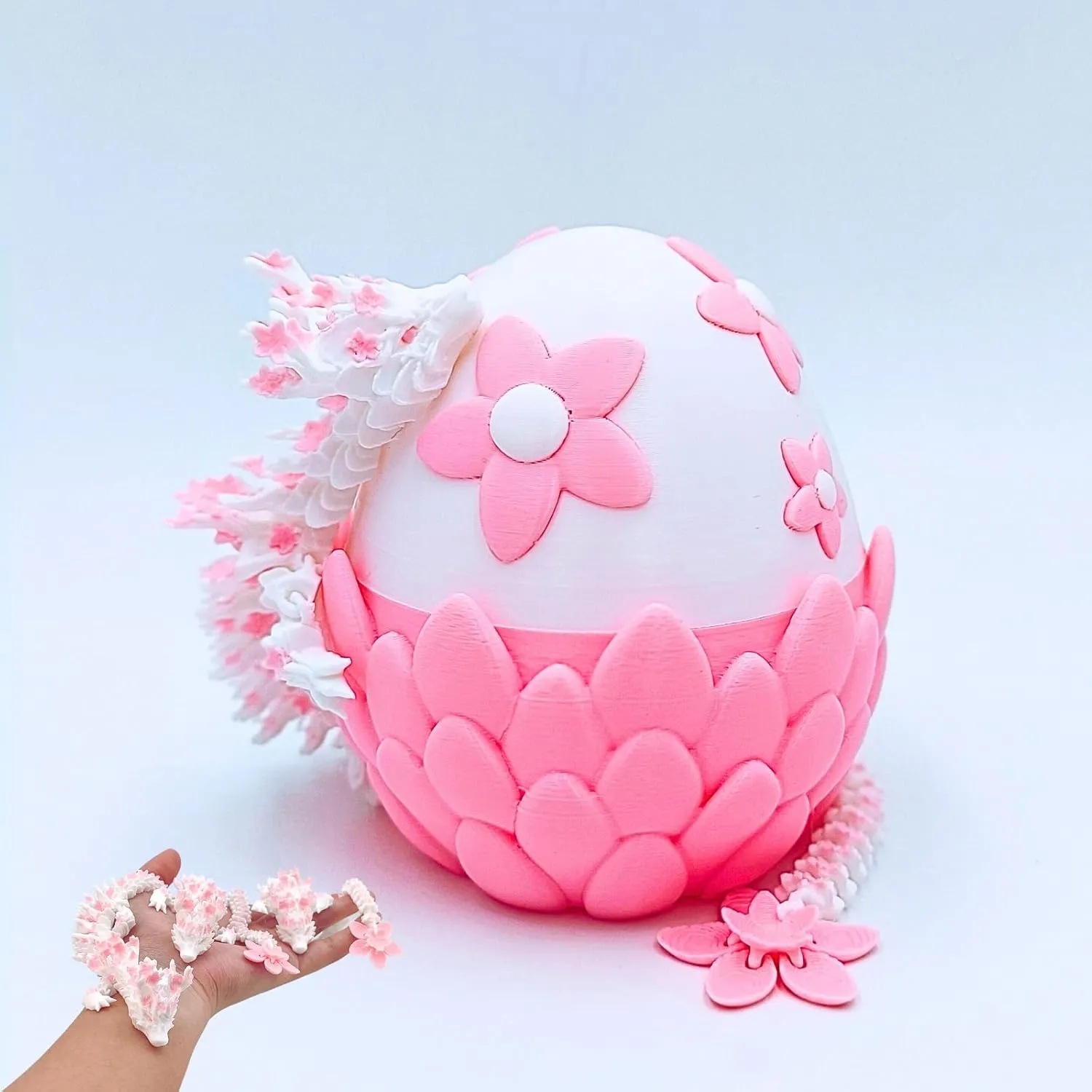 3D Printed Sakura Dragon & Dragon Egg – 11.8 Inch Realistic Articulated Dragon, Fidgeting Toys, Tabletop Decorations & Collectibles, Dragon Eggs with Dragon Inside (Pink-White)