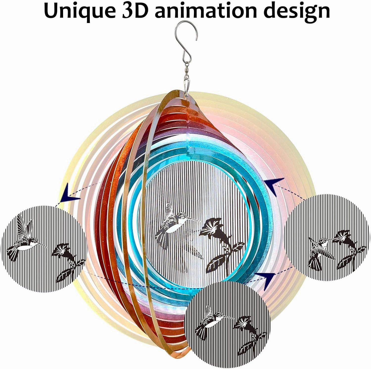 3D Animations Hummingbird Wind Spinner for Yard and Garden,12In Metal Wind Spinners Hummingbird Gift for Women Mom Grandma Wife,Outdoor Garden Decor Hanging Kinetic Yard Art Wind Sculpture