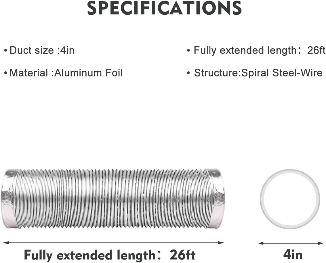 4-Inch Dryer Vent Hose 26FT, Flexible Aluminum Duct with 2 Clamps, Heavy-Duty Four Layer Protection for HVAC Ventilation and Exhaust