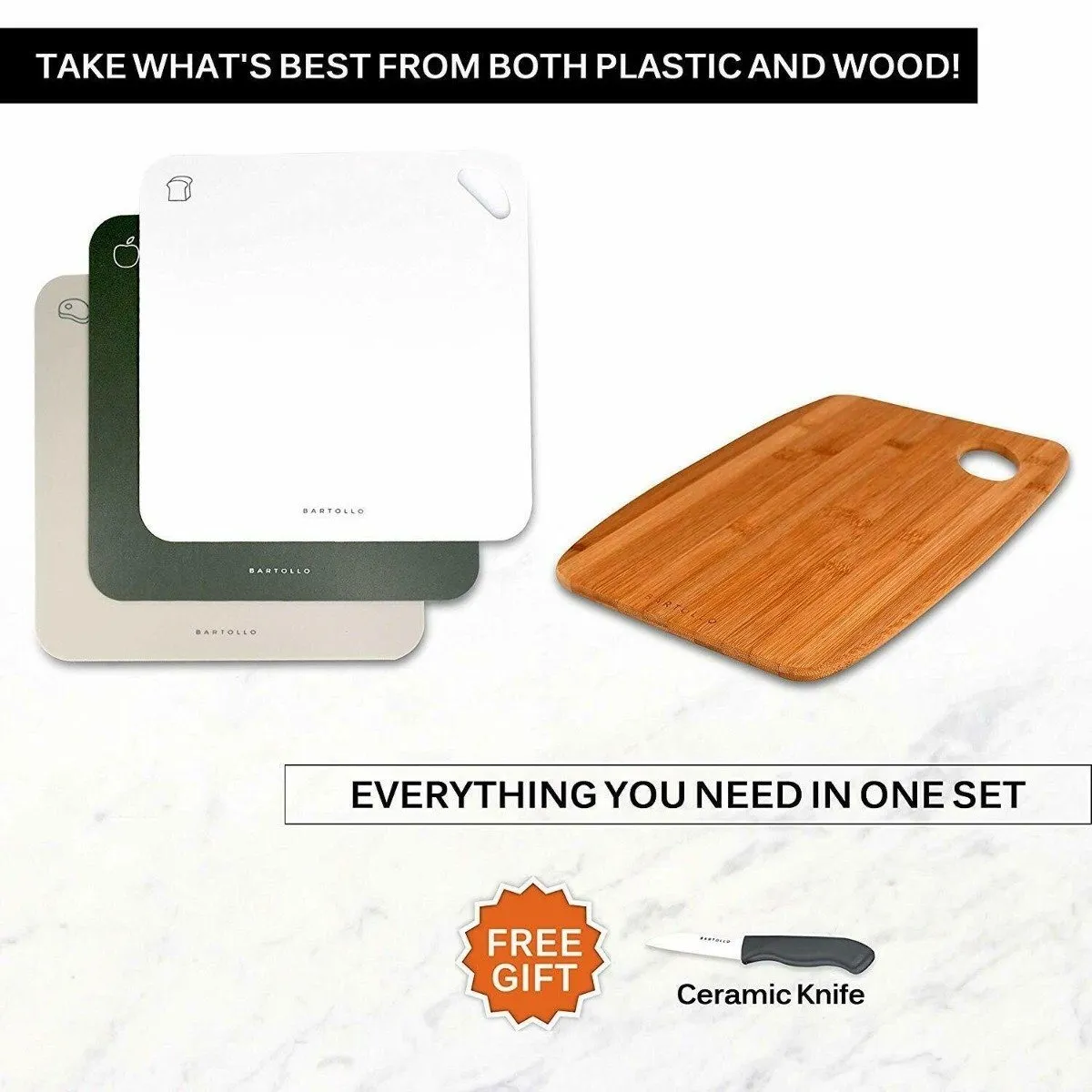 4-Pack: Bartollo Non-Slip Cutting Boards with Free Knife