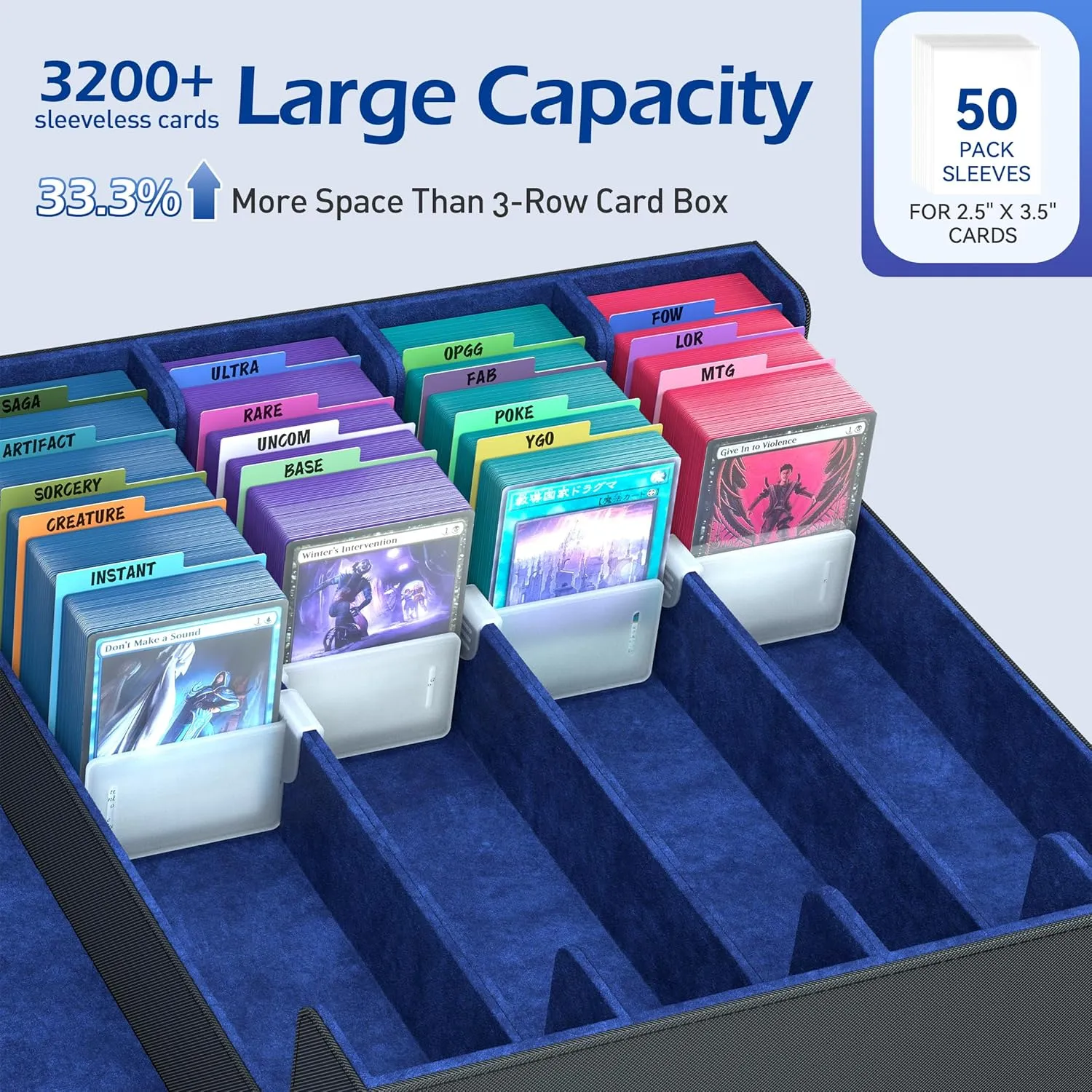 4-Row【3200 】 Trading Card Storage Box, Card Organizer Holder With 50 Sleeves & 24 Dividers, Case Fit for Mtg Tcg Magic Commander Deck Playing Cards, Deck Box for Baseball Sport Card
