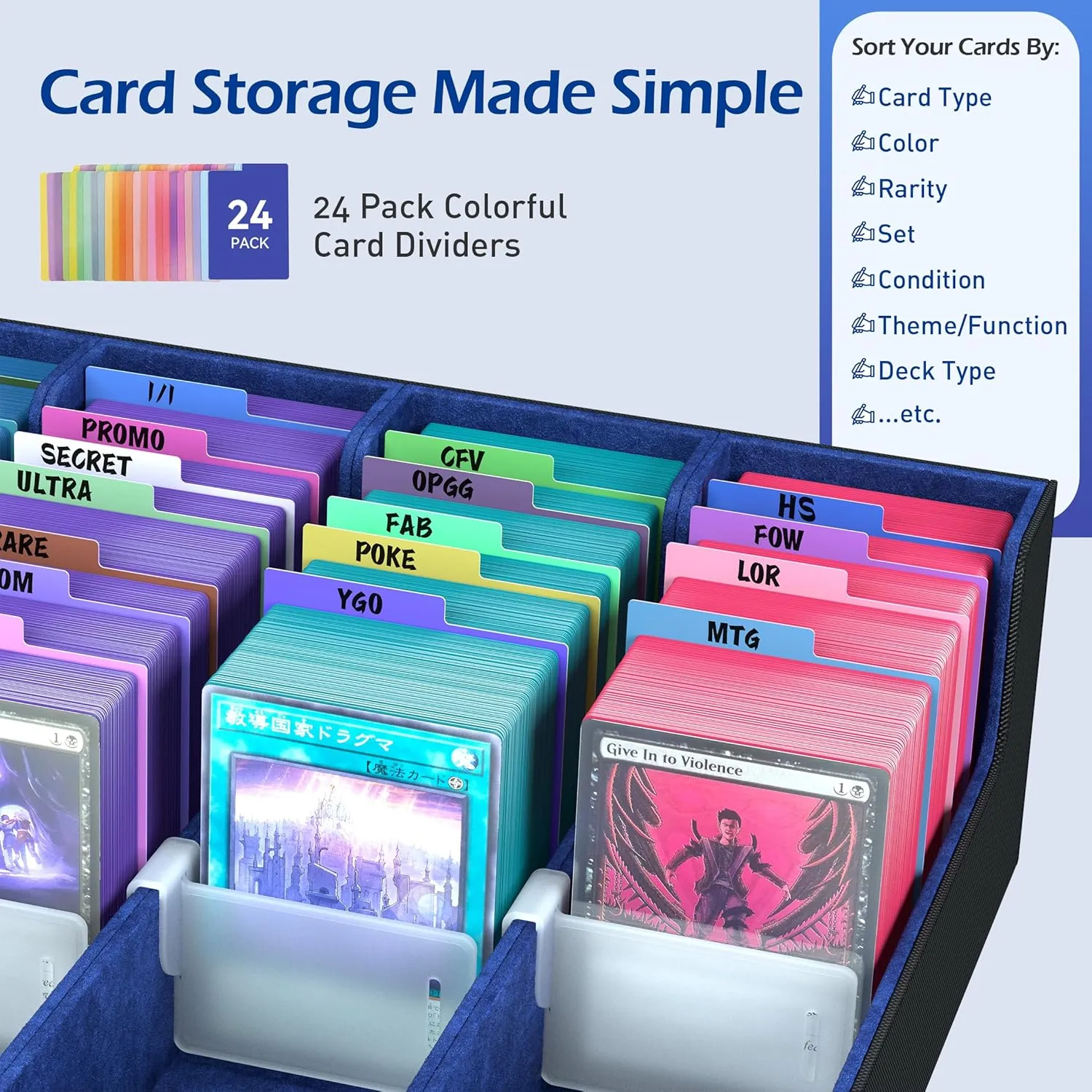 4-Row【3200 】 Trading Card Storage Box, Card Organizer Holder With 50 Sleeves & 24 Dividers, Case Fit for Mtg Tcg Magic Commander Deck Playing Cards, Deck Box for Baseball Sport Card