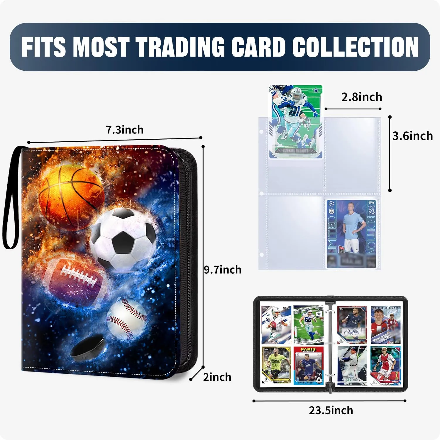 400 Pockets Sports Card Binder, Sports Trading Cards Display Case with Sports Card Sleeves Card Holder Protectors Set for Football Baseball Basketball Soccer Sports Cards Collector Album