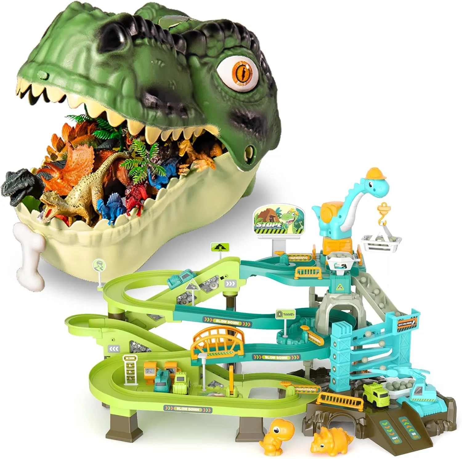 45PCS Dinosaur Toys for Kids,with 66PCS Dinosaur Engineering Adventure Track Set,1 Dinosaur Storage Box,1 Interactive Construction Playset,Educational STEM Toys, Great Gift for Toddler Boys & Girls